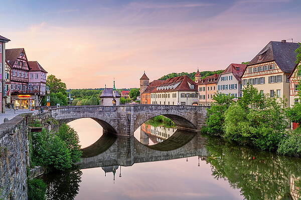 Germany Wall Art featuring the digital art Germany, Baden-wurttemberg, Schwabisch Hall, Hohenlohe, Kocher With Hangman's Bridge In The Evening, Kochertal by Reinhard Schmid