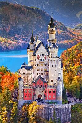 Germany Wall Art featuring the digital art Germany, Bavaria, Swabia, Neuschwanstein Castle And Lake Alpsee In Autumn by Olimpio Fantuz