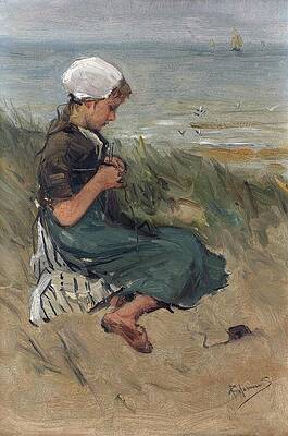 Girl Knitting by the Shore Painting