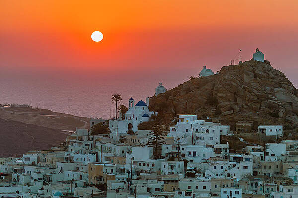 Coastal Wall Art featuring the digital art Greece, Aegean Islands, Cyclades, Mediterranean Sea, Aegean Sea, Greek Islands, Ios Island, Chora Village At Sunset by Giorgio Filippini
