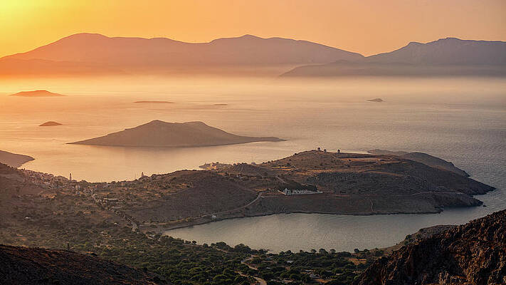 Small Digital Art - Greece, Aegean Islands, Mediterranean Sea, Aegean Sea, Greek Islands, Dodecanese, Chalki Island, Bay Of Pondamos On Right, Emborio With Small Island Of Nisaki In Front & Rhodes In Background. by Massimo Ripani