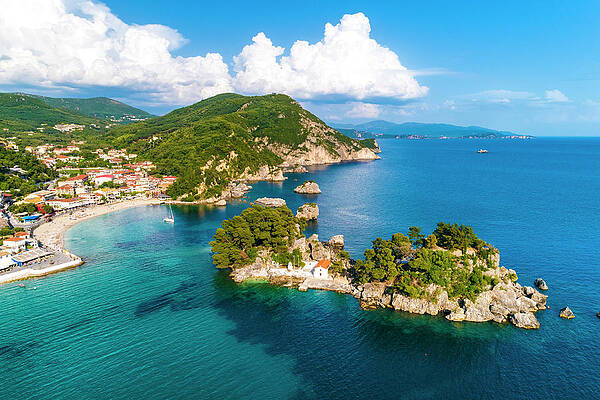 Paradise Wall Art featuring the digital art Greece, Epirus, Preveza, Mediterranean Sea, Parga, Aerial Of Panagia Chapel On Panagia Island By Parga In Spring Later Afternoon by Armand Ahmed Tamboly