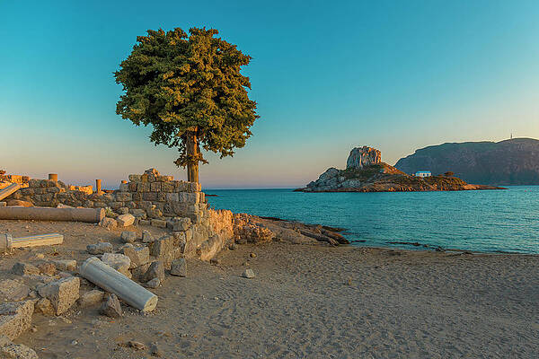 Yellow Wall Art featuring the digital art Greece, Kos Island, Kefalos Bay, View At Sunset Of The Ruins Of The Basilica Of Agios Stephanos by Giorgio Filippini