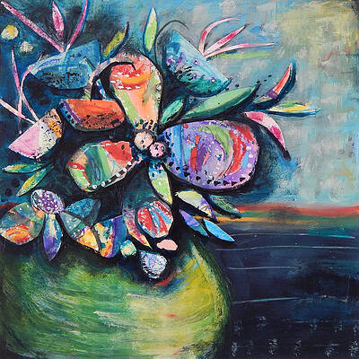 Green Wall Art featuring the mixed media Green Vase Floral by Mary Conner