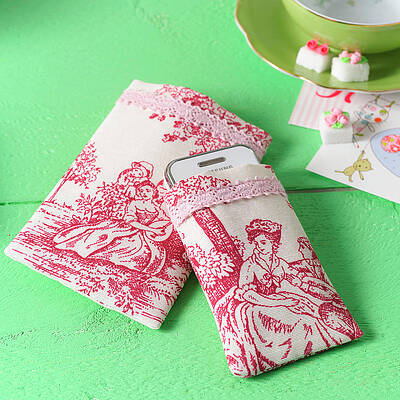 Hand-sewn Mobile Phone Case Made From Red-and-white Toile-de-jouy Fabric Print