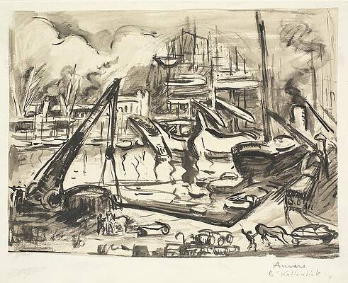 Monochrome Wall Art featuring the painting Havnebassinet Kattendick I Antwerpen by Emile Othon Friesz