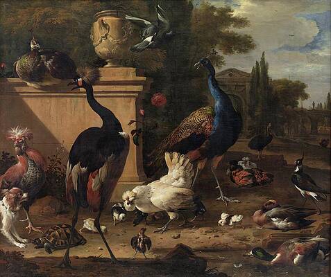 Peacocks and Cranes in a Garden Painting