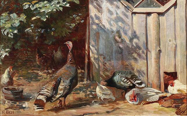 Chicken Painting - Hjorne Af Honsegaarden by Elise Konstantin-hansen