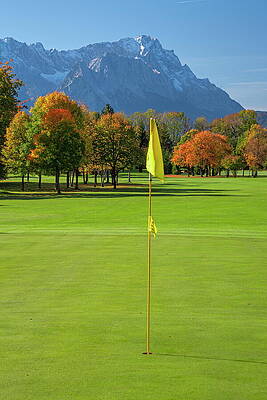 Autumn Wall Art featuring the digital art Hole 9, Par 4, 374m Against Zugspitze by Hans-peter Huber
