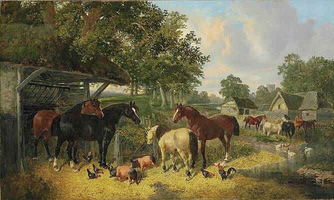 Chicken Painting - Horses, Pigs And Chickens In A Farmyard by John Frederick Herring Jr.