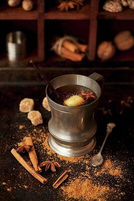 Hot Buttered Rum In A Pewter Mug With Vanilla, Cinnamon, Star Anise And Ground Spices Print