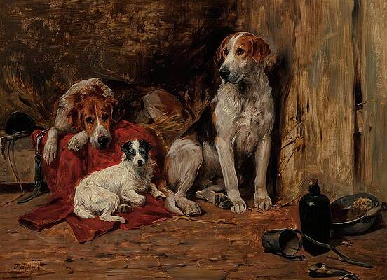 Dog Painting - Hounds And A Jack Russell In A Stable by John Emms