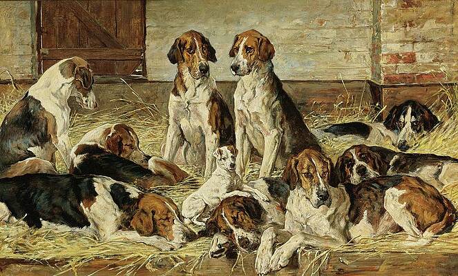 Hounds Relaxing in Hay Painting