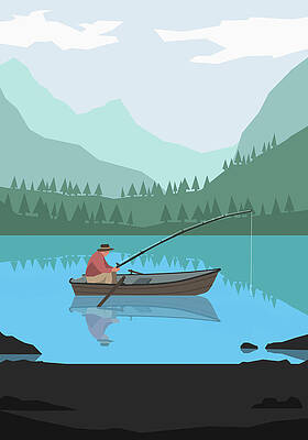 Wall Art featuring the digital art Illustration Of Man Fishing In Lake by Malte Mueller