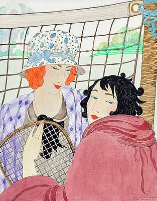 Court Painting - Illustration Of Two Women On A Tennis Court by Helen Dryden
