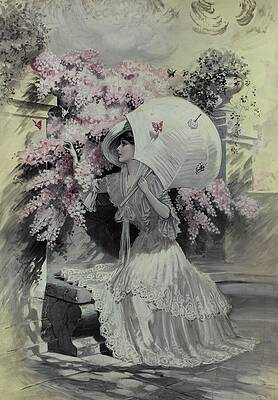 Butterfly Painting - Illustration Of Woman With Parasol On Bench by Mortimer