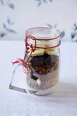 Ingredients For Chocolate Chunk Cookies In A Jar With A Heart Cookie Cutter Attached Print
