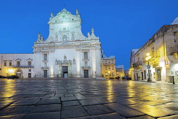 Horizontal Wall Art featuring the digital art Italy, Apulia, Lecce District, Salento, Galatina, The Chiesa Madre In The San Pietro Square At Dusk by Franco Cogoli