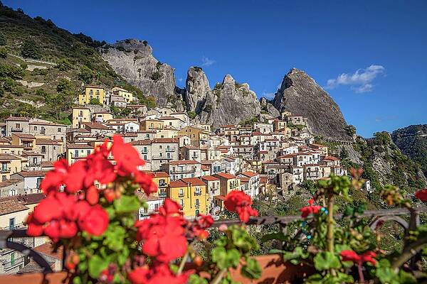 Impressive Wall Art featuring the digital art Italy, Basilicata, Potenza District, Dolomiti Lucane, Castelmezzano, View Of Castelmezzano Town And Dolomiti Lucane by Daniele Coppa