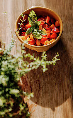 Yellow Wall Art featuring the digital art Italy, Campania, Napoli District, Ischia Island, Ischia Porto, Red And Yellow Cherry Tomatoes by Giuseppe Greco