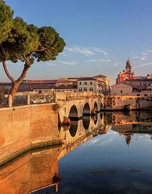 Architecture Digital Art - Italy, Emilia-romagna, Rimini District, Adriatic Coast, Adriatic Riviera, Rimini, The Tiberio Bridge At The Autumn Evening Light by Paolo Giocoso