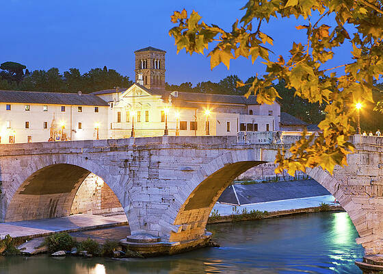 Wall Art featuring the digital art Italy, Latium, Tiber, Tevere, Roma District, Rome, Tiber Island, Tiber Island Illuminated At Dusk by Luigi Vaccarella