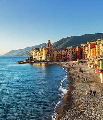 Destination Wall Art featuring the digital art Italy, Liguria, Genova District, Mediterranean Sea, Ligurian Sea, Ligurian Riviera, Riviera Di Levante, Camogli, The Beach Of Camogli And Basilica Di Santa Maria Assunta by Luigi Vaccarella