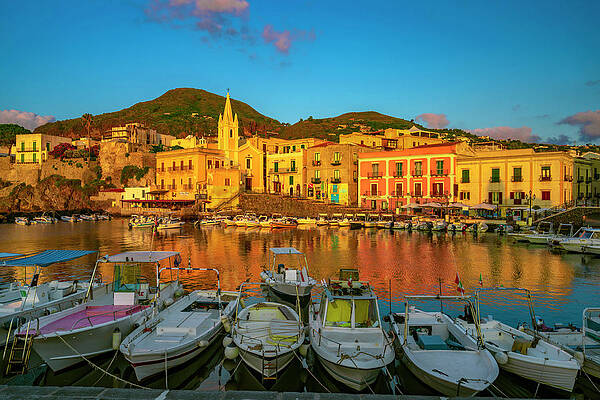 Small Digital Art - Italy, Sicily, Messina District, Aeolian Islands, Lipari, Mediterranean Sea, Tyrrhenian Sea, Tyrrhenian Coast, The Small Harbor Of Marina Corta At Dawn by Giorgio Filippini
