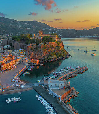 Small Digital Art - Italy, Sicily, Messina District, Aeolian Islands, Lipari, Square And The Small Port Of Marina Corta At Dawn With The Fortress Of The Lipari Castle In The Background by Giorgio Filippini