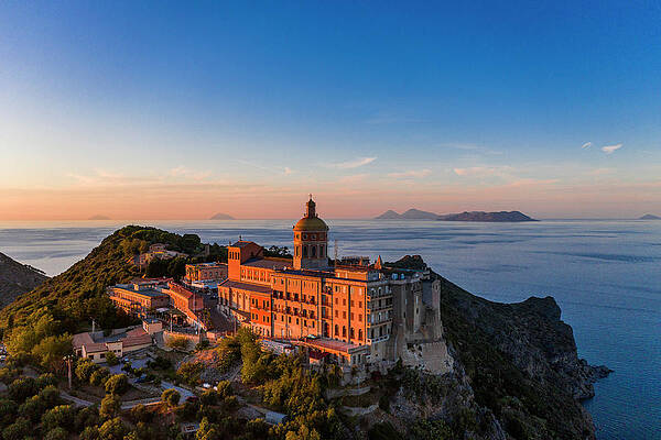 Small Wall Art featuring the digital art Italy, Sicily, Messina District, Mediterranean Sea, Tyrrhenian Sea, Tindari, Tindari Sanctuary With Marinello And Olivieri Small Lakes And Aeolian Islands In Background by Antonino Bartuccio