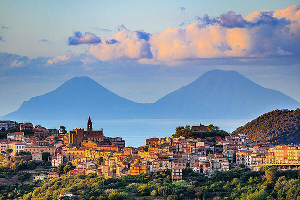 Beautiful Wall Art featuring the digital art Italy, Sicily, Messina District, Monti Nebrodi, Ficarra, Historic Center Of Ficarra Among The Most Beautiful Towns In Italy With The Island Of Salina In The Background by Antonino Bartuccio