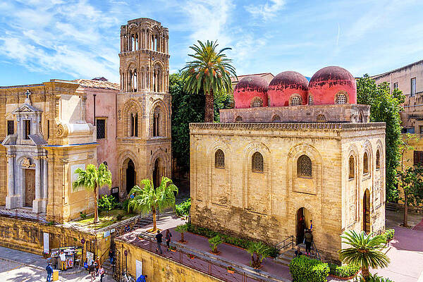 Eurasian Digital Art - Italy, Sicily, Palermo District, Mediterranean Sea, Tyrrhenian Sea, Palermo, Piazza Bellini With The Churches Of Santa Maria Dell'ammiraglio Or Martorana And San Cataldo With The Typical Red Domes by Luca Scamporlino