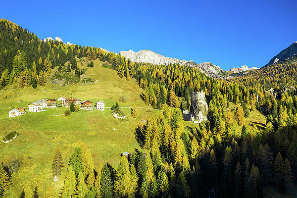 Small Digital Art - Italy, Veneto, Alto Agordino, Livinallongo Del Col Di Lana, Alps, Natural Park Of The Ampezzo Dolomites, Small Village And Andraz Castle by Manfred Bortoli