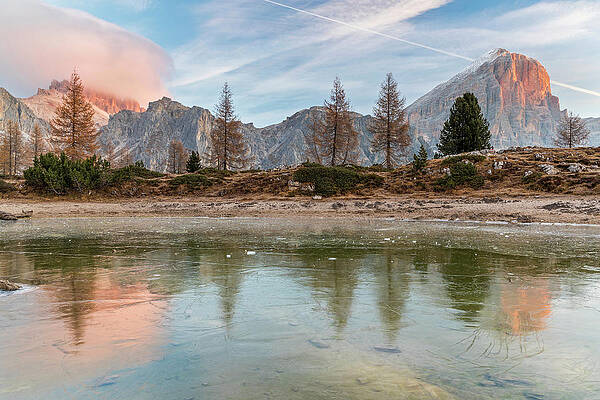 Wall Art featuring the digital art Italy, Veneto, Belluno District, Alps, Dolomites, Tofana, Tofane, Cadore, Cortina D'ampezzo, Lake Limides And Tofana Di Rozes Over Falzarego Pass by Sebastian Wasek