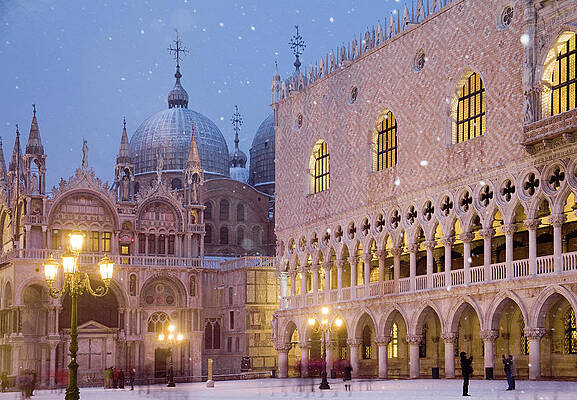 Lamp Wall Art featuring the digital art Italy, Veneto, Venezia District, Venetian Lagoon, Adriatic Coast, Venice, St Mark's Square, Doge's Palace, Snow And St Mark's Cathedral In Background by Sandra Raccanello