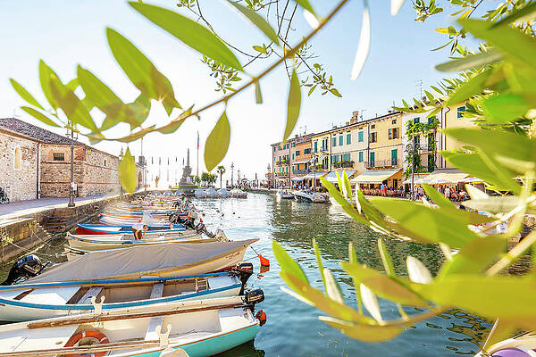 Small Digital Art - Italy, Veneto, Verona District, Lake Garda, Lazise, Bardolino Wine Road, The Small Port Of Lazise At Sunset by Marco Arduino