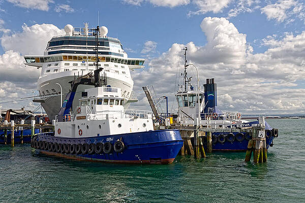Vibrant Photograph - It's Not The Size, It's How You Use It -- Tugboats And Cruise Ship In Tauranga, New Zealand by Darin Volpe