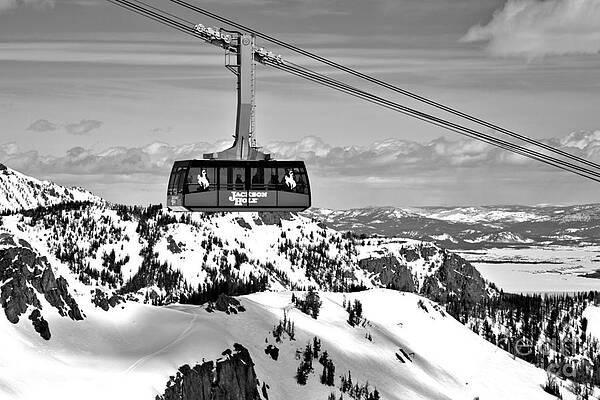 Mountain Wall Art featuring the photograph Jackson Hole Aerial Tram Over The Snow Caps Black And White by Adam Jewell