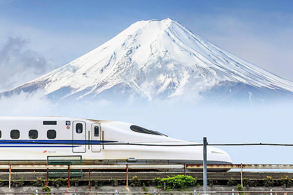 Cloud Wall Art featuring the digital art Japan, Chubu, Shinkansen, Bullet Train, And Mount Fuji In The Background by Maurizio Rellini
