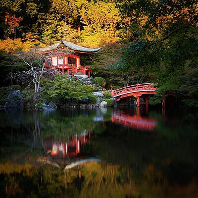 Autumn Wall Art featuring the digital art Japan, Kansai, Kyoto, Daigo Ji Temple In Eastern Kyoto At Sunset by Marco Gaiotti