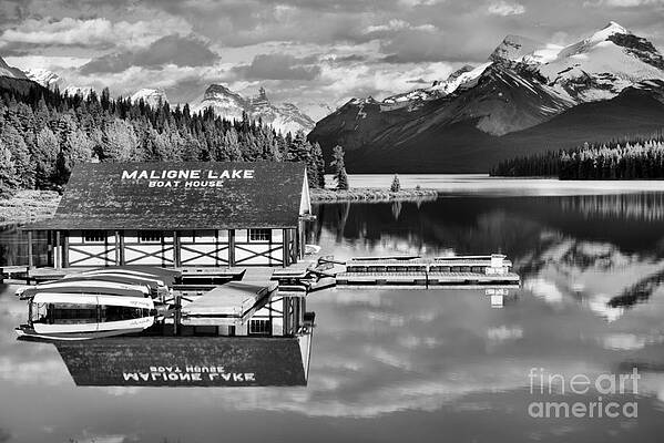 Wall Art featuring the photograph Jasper Boathouse Reflections Black And White by Adam Jewell