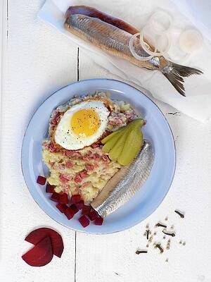 Labskaus Traditional Dish From Northern Germany Featuring Herring, Egg And Gherkins Print