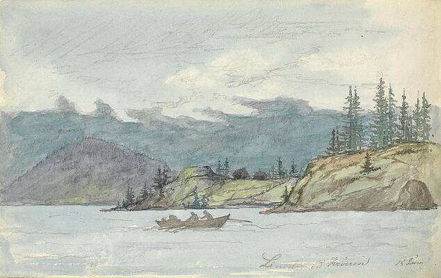 Martinus Rorbye Painting - Lake Landscape With A Rowing Boat. The Fiord Kroderen by Martinus Rorbye