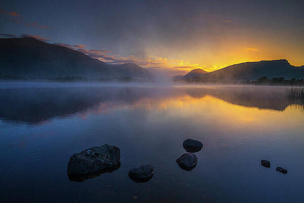 Foggy Wall Art featuring the digital art Lake With Mist At Sunrise by Maurizio Rellini