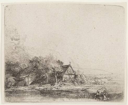 Monochrome Wall Art featuring the drawing Landscape With Cow by Rembrandt Van Rijn
