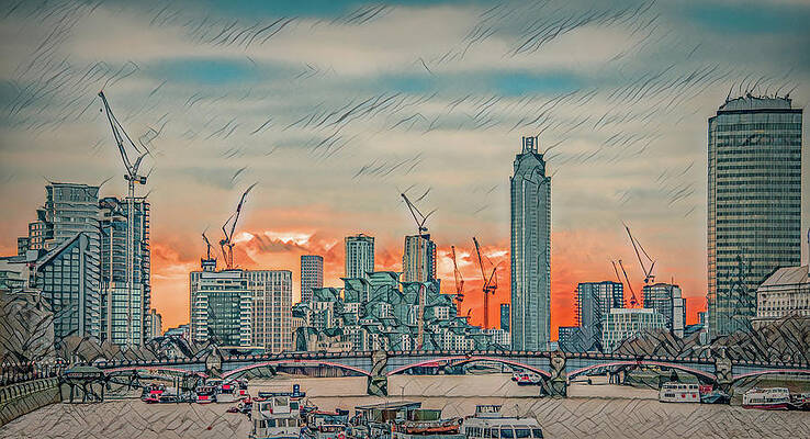 Sunset Photograph - London Skyline As Seen From Tower Bridge, Stylized by Marcy Wielfaert
