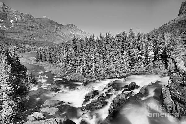 Wall Art featuring the photograph Looking Down Glacier Red Rock Falls Black And White by Adam Jewell