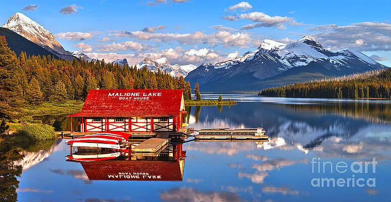 Wall Art featuring the photograph Maligne Lake Blue Sky Afternoon. by Adam Jewell