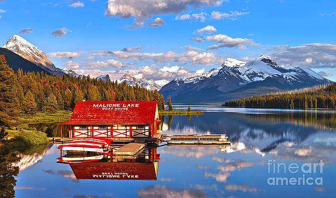 Wall Art featuring the photograph Maligne Lake Blue Sky Reflections by Adam Jewell