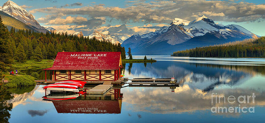 Wall Art featuring the photograph Maligne Lake Boathouse In The Canadian Rockies by Adam Jewell